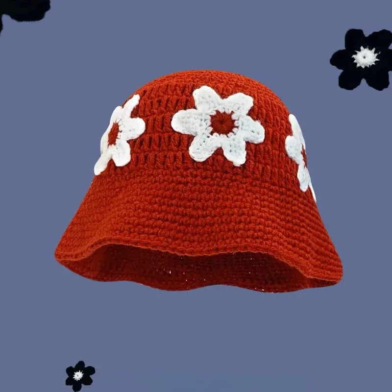 2025 Autumn New Crochet Korean Handmade Bucket Hat Women Weaving Knitted Hat Y2K Fashion Flowers Autumn Winter Beanies Basin Cap
