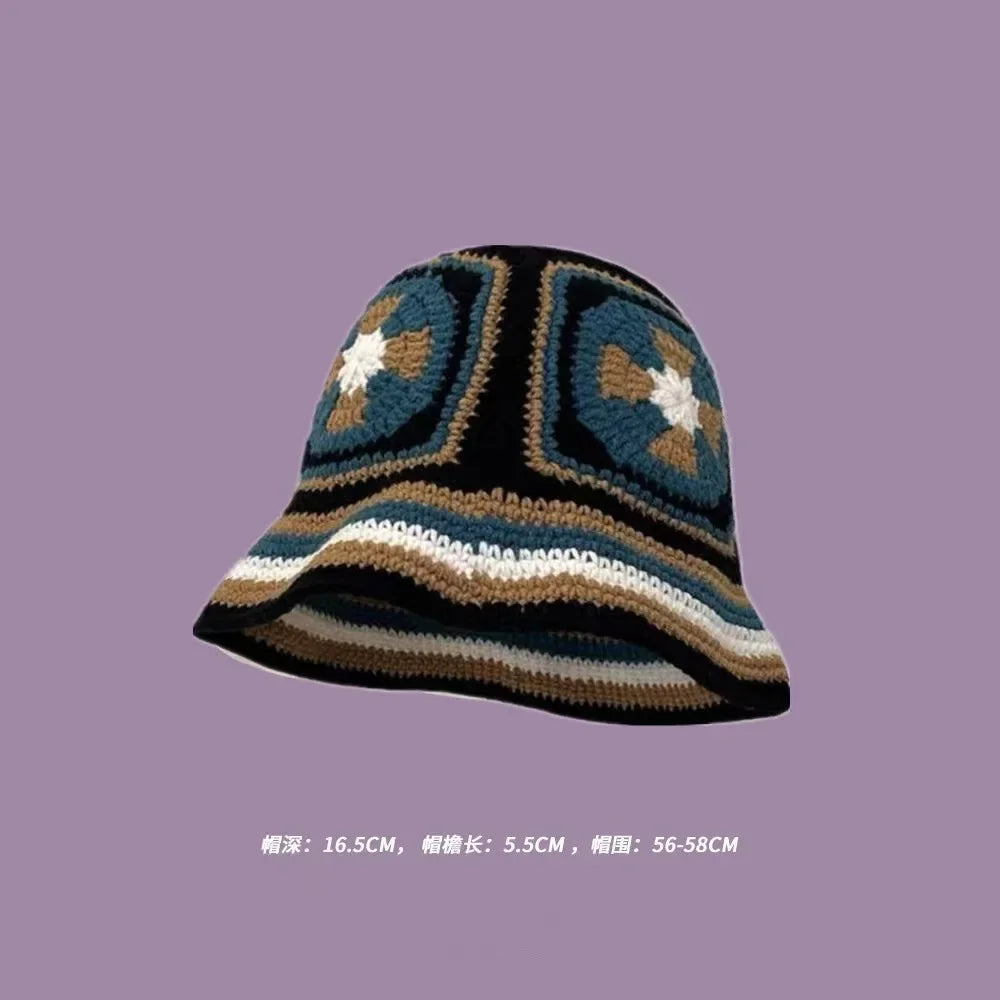 2025 Autumn New Crochet Korean Handmade Bucket Hat Women Weaving Knitted Hat Y2K Fashion Flowers Autumn Winter Beanies Basin Cap