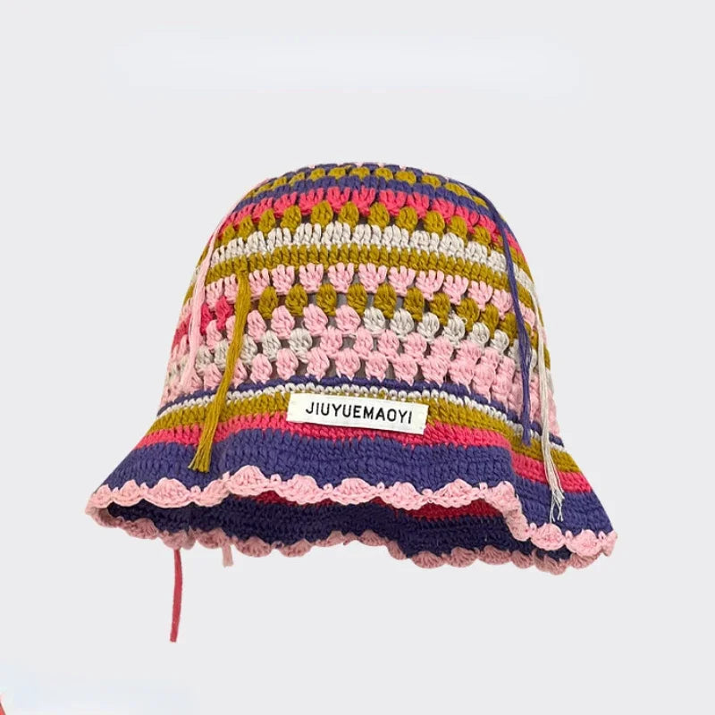 2025 Autumn New Crochet Korean Handmade Bucket Hat Women Weaving Knitted Hat Y2K Fashion Flowers Autumn Winter Beanies Basin Cap
