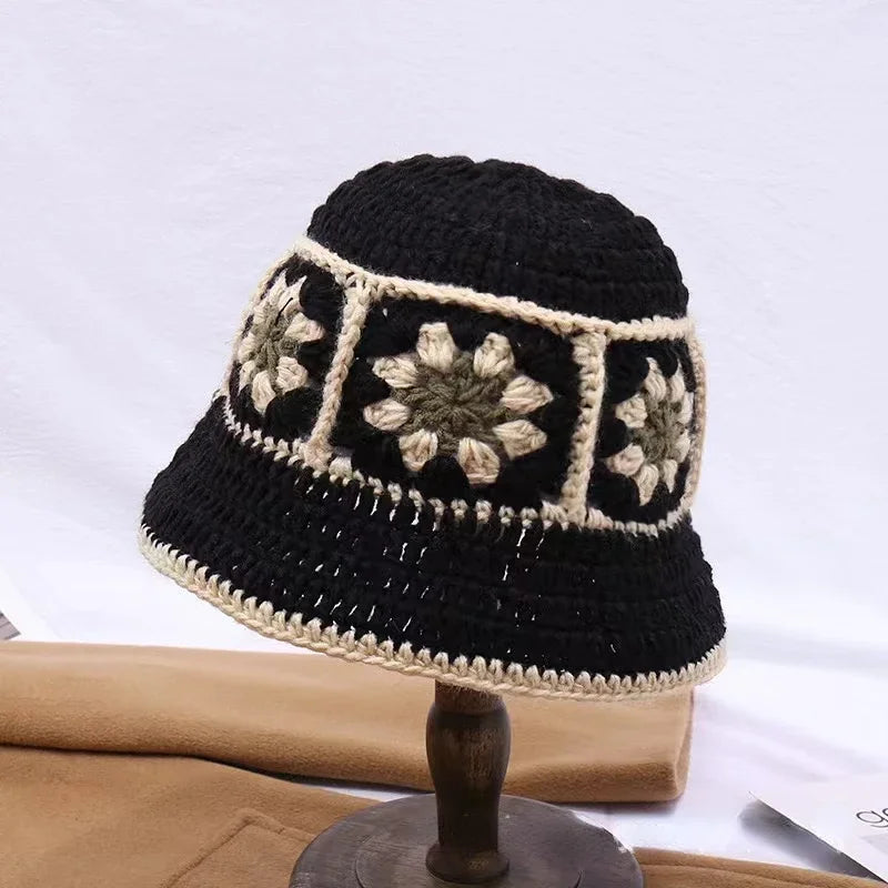 2025 Autumn New Crochet Korean Handmade Bucket Hat Women Weaving Knitted Hat Y2K Fashion Flowers Autumn Winter Beanies Basin Cap