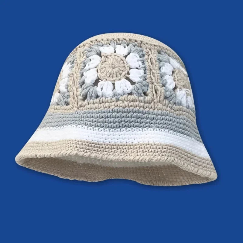2025 Autumn New Crochet Korean Handmade Bucket Hat Women Weaving Knitted Hat Y2K Fashion Flowers Autumn Winter Beanies Basin Cap