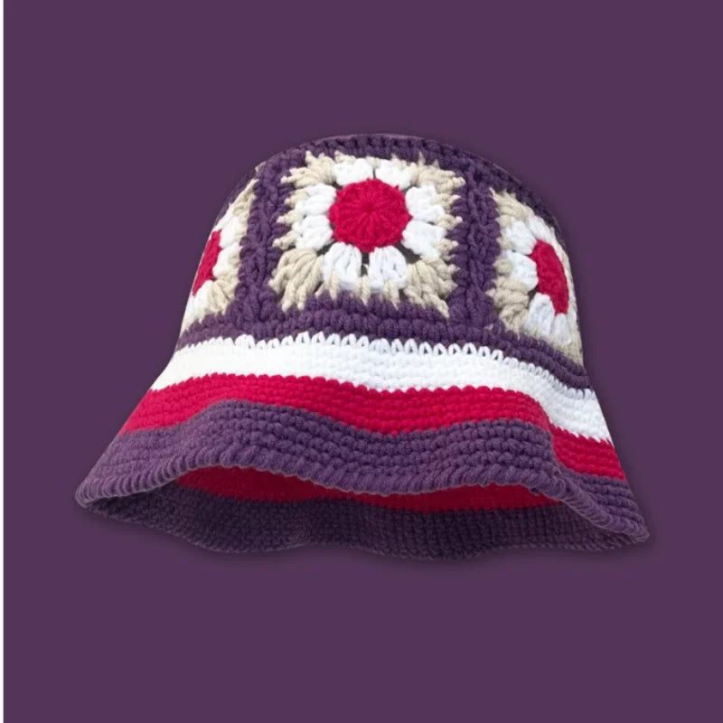 2025 Autumn New Crochet Korean Handmade Bucket Hat Women Weaving Knitted Hat Y2K Fashion Flowers Autumn Winter Beanies Basin Cap