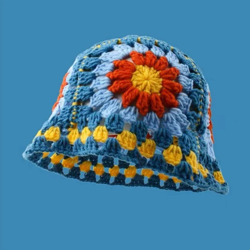 2025 Autumn New Crochet Korean Handmade Bucket Hat Women Weaving Knitted Hat Y2K Fashion Flowers Autumn Winter Beanies Basin Cap