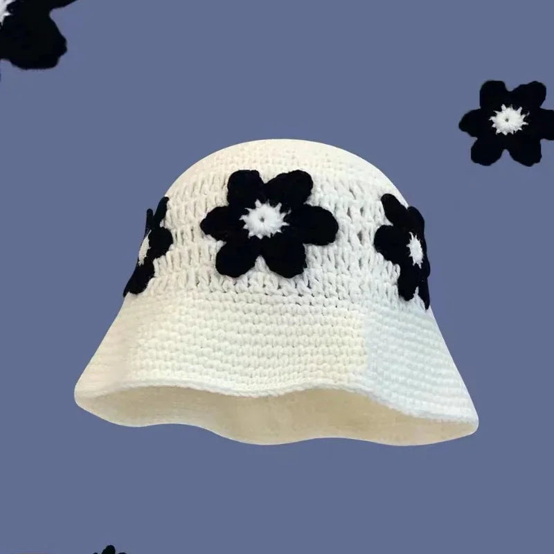 2025 Autumn New Crochet Korean Handmade Bucket Hat Women Weaving Knitted Hat Y2K Fashion Flowers Autumn Winter Beanies Basin Cap