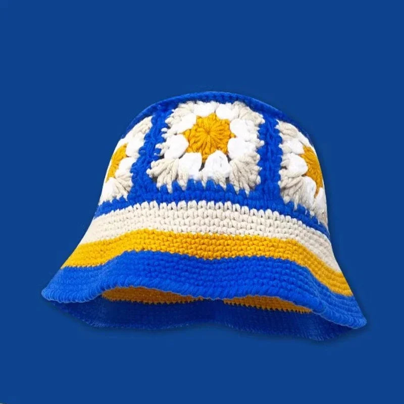 2025 Autumn New Crochet Korean Handmade Bucket Hat Women Weaving Knitted Hat Y2K Fashion Flowers Autumn Winter Beanies Basin Cap