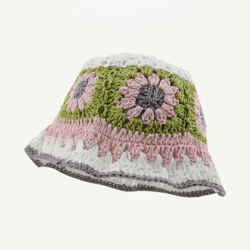 2025 Autumn New Crochet Korean Handmade Bucket Hat Women Weaving Knitted Hat Y2K Fashion Flowers Autumn Winter Beanies Basin Cap
