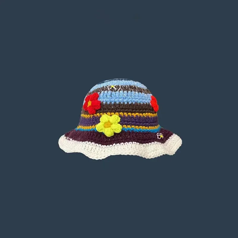 2025 Autumn New Crochet Korean Handmade Bucket Hat Women Weaving Knitted Hat Y2K Fashion Flowers Autumn Winter Beanies Basin Cap