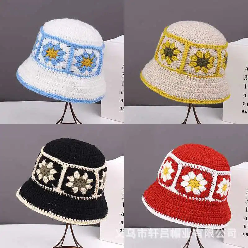 2025 Autumn New Crochet Korean Handmade Bucket Hat Women Weaving Knitted Hat Y2K Fashion Flowers Autumn Winter Beanies Basin Cap