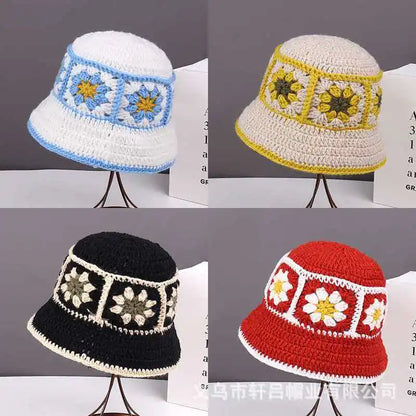 2025 Autumn New Crochet Korean Handmade Bucket Hat Women Weaving Knitted Hat Y2K Fashion Flowers Autumn Winter Beanies Basin Cap